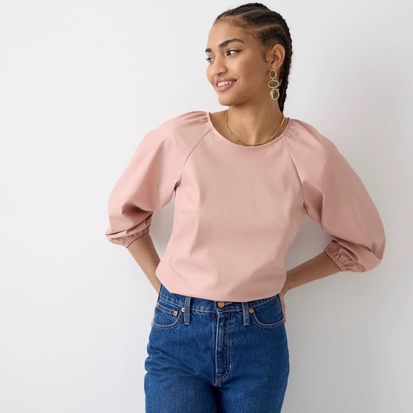 J.Crew faux leather puff-sleeve open-back top - Picture 1 of 5